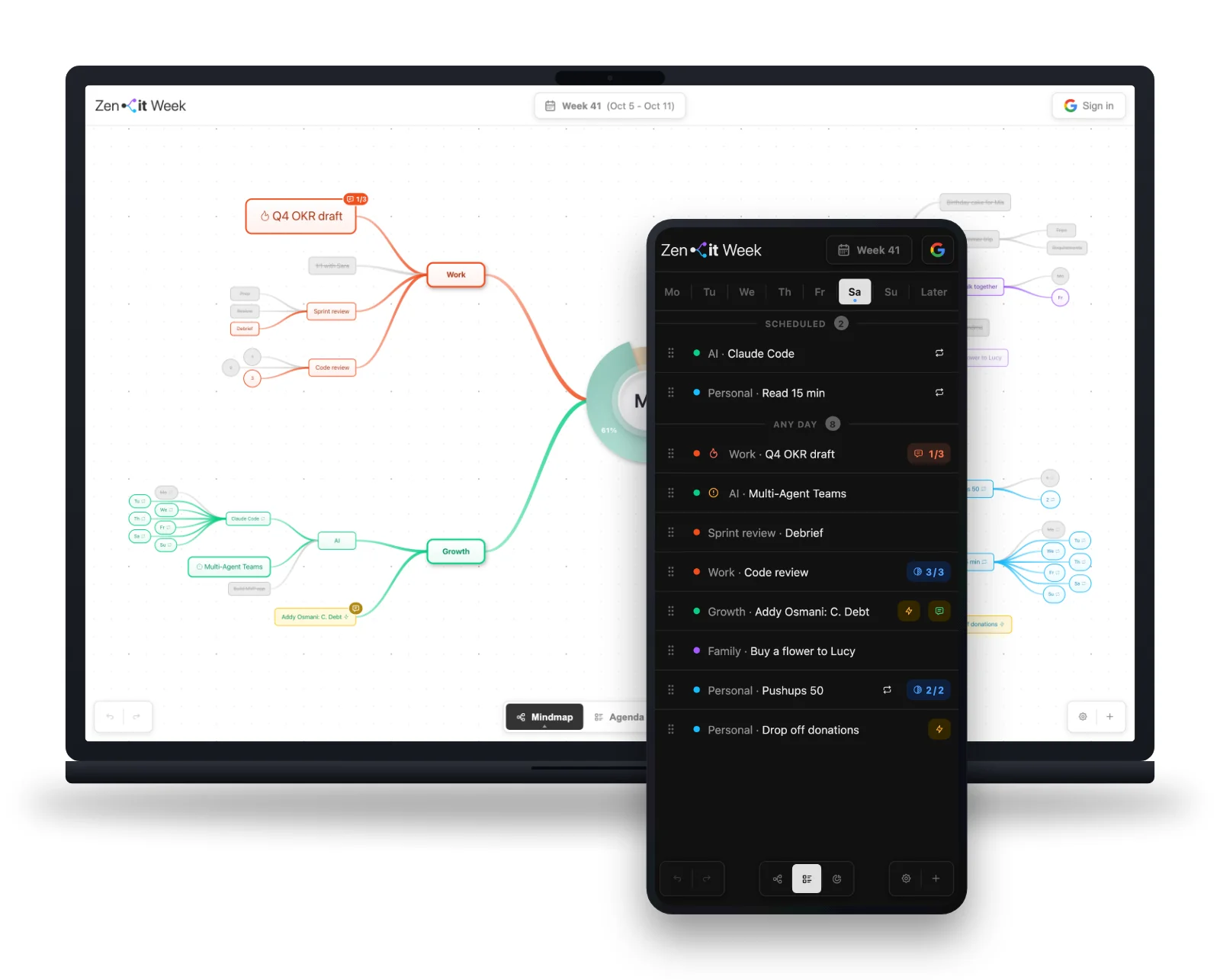 Zenit Week visual weekly planner app: mind map on a laptop, agenda on a phone
