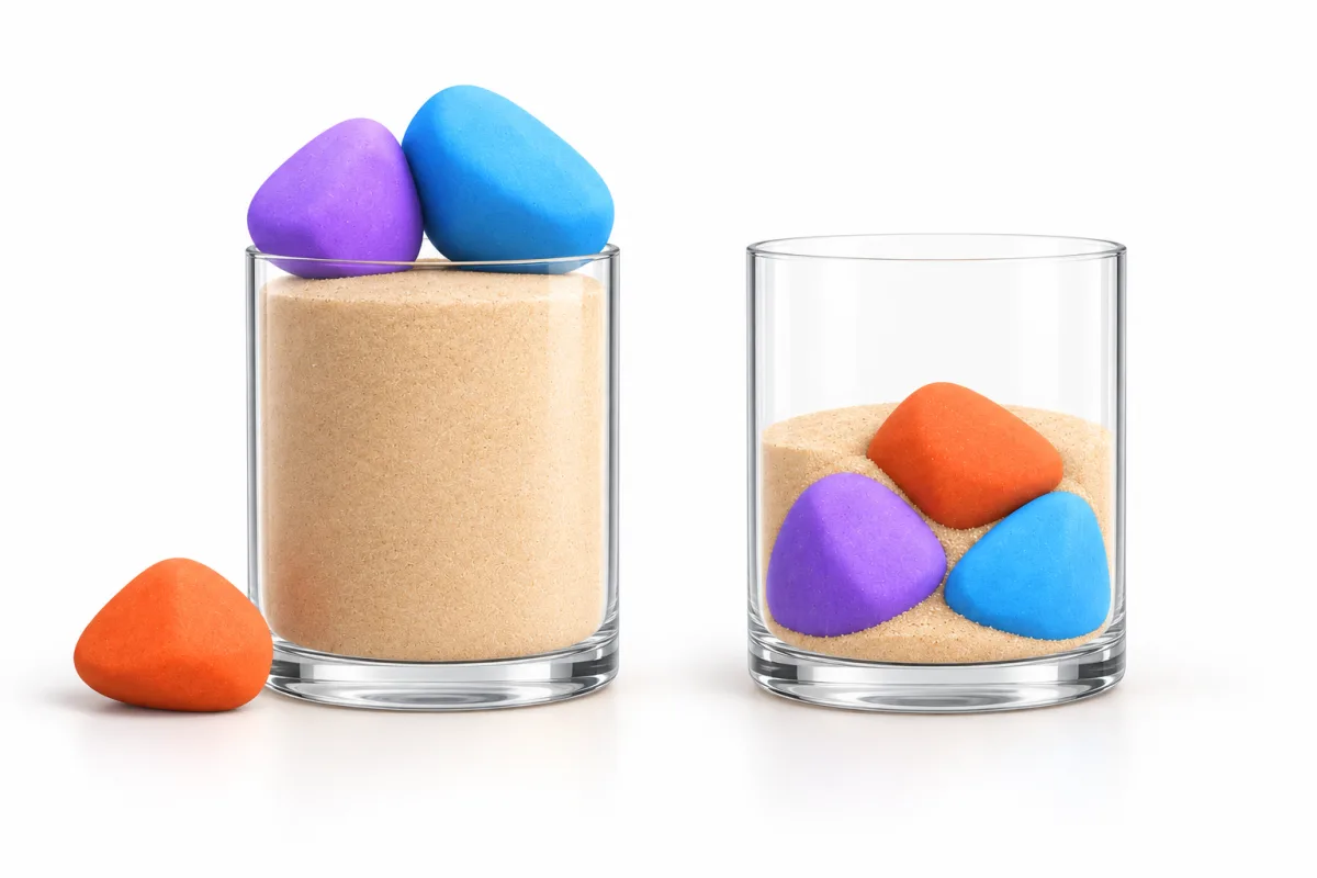 Two identical glass jars. The left one has sand first, so the big rocks don't fit and one has fallen out. The right one has the rocks first and the sand has filled the gaps around them.